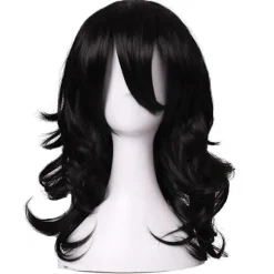 Mellemlang bølget anime cosplay paryk til mænd, cosplay paryk til Halloween (sort bølget)