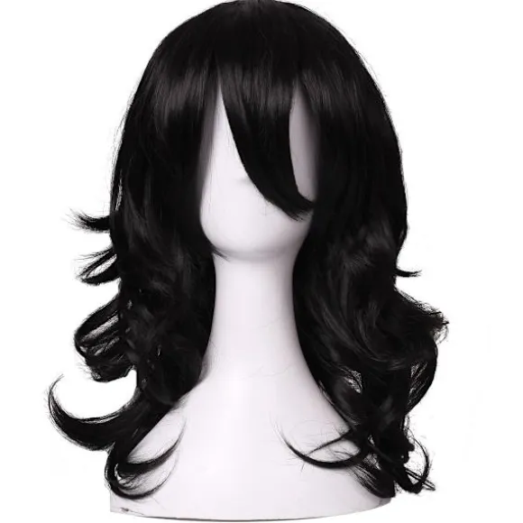 Mellemlang bølget anime cosplay paryk til mænd, cosplay paryk til Halloween (sort bølget)
