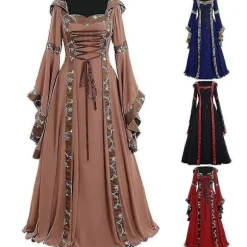Middelalderlig Kjole Dame Snøring Langærmet Gulvlang Middelalderlig Kjole Halloween Kostume - Khaki