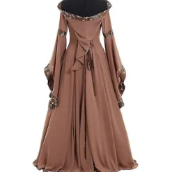 Middelalderlig Kjole Dame Snøring Langærmet Gulvlang Middelalderlig Kjole Halloween Kostume - Khaki