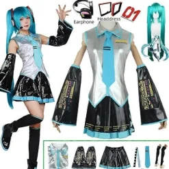 Miku Cosplay Komplet Sæt Sølv Læderstofdragt Miku Cosplay Hovedbeklædning Kostume Outfit JK Sailor Kjole High School Uniform Hallow-WELLNGS