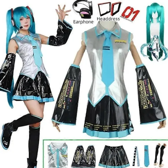 Miku Cosplay Komplet Sæt Sølv Læderstofdragt Miku Cosplay Hovedbeklædning Kostume Outfit JK Sailor Kjole High School Uniform Hallow-WELLNGS