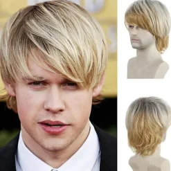 Mænd Lys Guld Blond Kort Hår Paryk Med Skrå Bangs Cosplay Fest Fulde Parykker