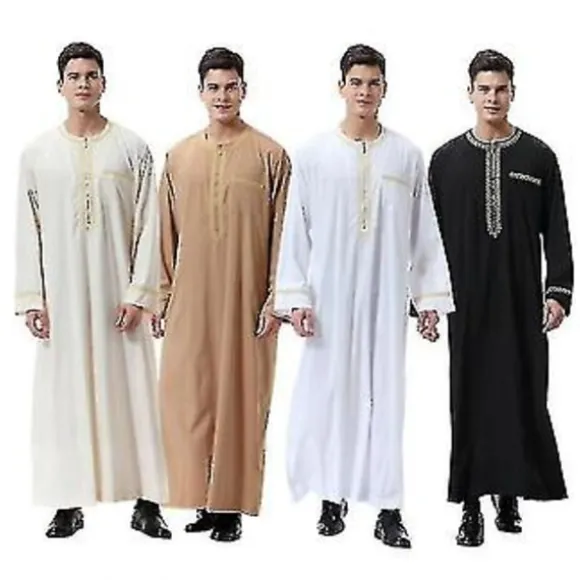 Mænd Muslimsk Saudi Robe Kaftan Dubai Tunika Lang Top Bluser Thobe Tøj-n(XL Khaki)
