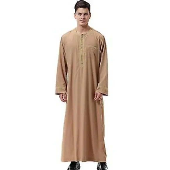 Mænd Muslimsk Saudi Robe Kaftan Dubai Tunika Lang Top Bluser Thobe Tøj-n(XL Khaki)