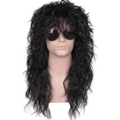 Mænds 80'er Lang Krøllet Sort Rocker Kostume Paryk