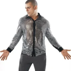 Mænds skinnende paillet-disko-danse-mesh-top - 60'er 70'er festskjorte Gold S