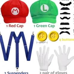 Mordely Super Mario Bros Mario og Luigi Hatte Kasketter Overskæg Handsker Knapper Cosplay Kostume