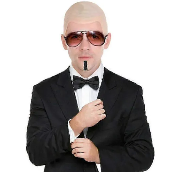 Mr Worldwide Skaldet Hætte & Solbrille Sæt, Berømthedsikon Maskerade Pitbull Kostume Tilbehør Sæt (FMY) 3 stk