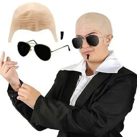 Mr Worldwide Skaldet Hætte & Solbrille Sæt, Kendisikon Udklædning Pitbull Kostume Tilbehør Sæt-FO- 3pcs