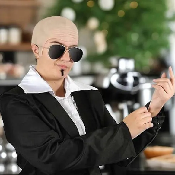 Mr Worldwide Skaldet Hætte & Solbrille Sæt, Kendisikon Udklædning Pitbull Kostume Tilbehør Sæt 1pcs