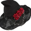 Mørk roman Gotisk Sort Strikket Heksehat med Rose til Kvinder Piger Bred Skygge Spids Moderne Troldmandshat til Halloween (Heksehat med Rød Rose)