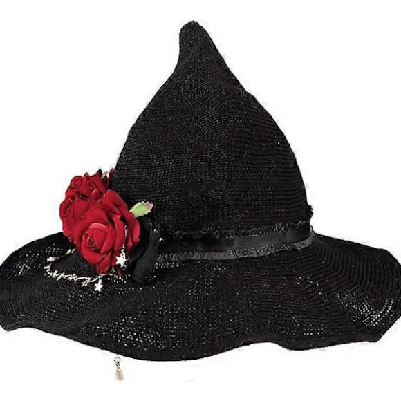 Mørk roman Gotisk Sort Strikket Heksehat med Rose til Kvinder Piger Bred Skygge Spids Moderne Troldmandshat til Halloween (Heksehat med Rød Rose)