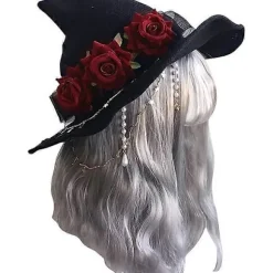 Mørk roman Gotisk Sort Strikket Heksehat med Rose til Kvinder Piger Bred Skygge Spids Moderne Troldmandshat til Halloween (Heksehat med Rød Rose)
