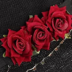 Mørk roman Gotisk Sort Strikket Heksehat med Rose til Kvinder Piger Bred Skygge Spids Moderne Troldmandshat til Halloween (Heksehat med Rød Rose)
