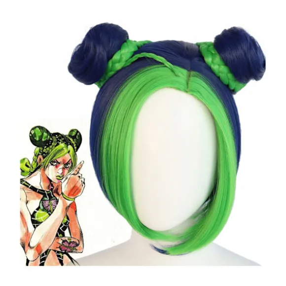 Mørkeblå Cyan Blandet Farve Dobbelt Knold Fletning Pandehår Cosplay Paryk Anime Pige - Jojo's Bizarre Adventure Paryk til Comic Con - Grøn