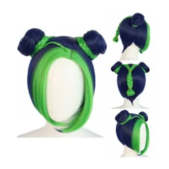 Mørkeblå Cyan Blandet Farve Dobbelt Knold Fletning Pandehår Cosplay Paryk Anime Pige - Jojo's Bizarre Adventure Paryk til Comic Con - Grøn