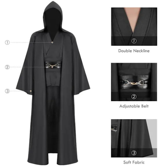 Mub- Obi wan Kenobi Premium Kvalitets Cosplay Kostume sort Jedi Robe fra Star Wars til Lyssværdsduel Sort Black 2 XL