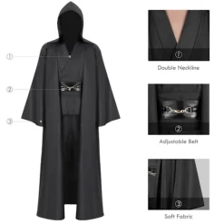 Mub- Obi wan Kenobi Premium Quality Cosplay Kostume sort Jedi Robe fra Star the Wars til Lightsaber Dueling Sort Black XL