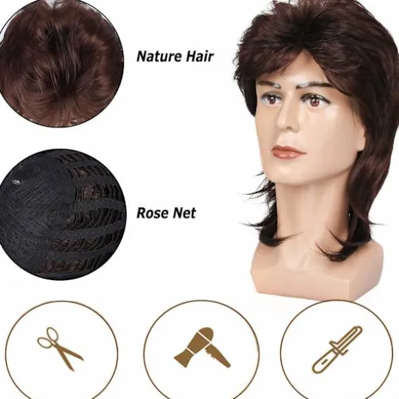 Mullet parykker til mænd 70'er 80'er kostume kostumer mænd brun fancy fest tilbehør cosplay hår paryk, CJY