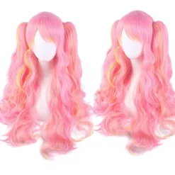 Multi-farvet Lolita Lang Krøllet Clip på syntetisk Ponytails Cosplay Paryk (Pink/Blonde)