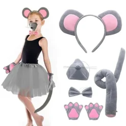 Mus Kostume Sæt Musøre Pandebånd Hale Næse Sløjfe Håndsko Sæt Cosplay Kostume Tilbehør til Halloween Julefester