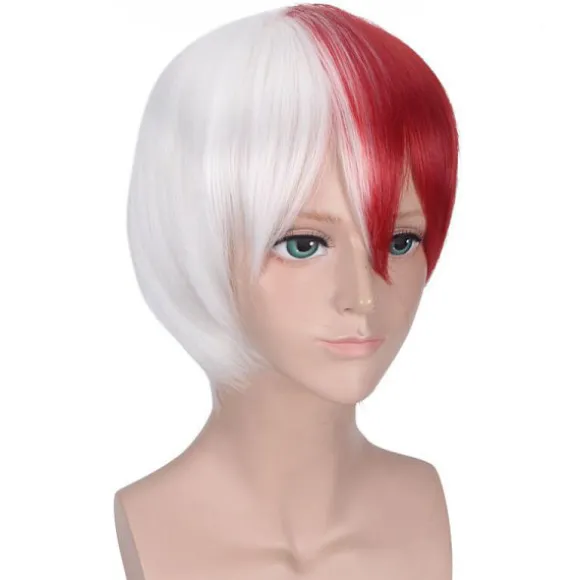 My Hero Academia Todoroki Shoto Cosplay Hvid Rød Kort Paryk Med Pandehår