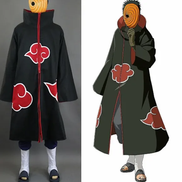 Naruto Akatsuki Tobi Uchiha Obito Kappe Kåbe Frakke + Resin Maske Cosplay Kostume Black XL