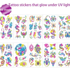 Neon Midlertidige Tatoveringer, 10 Ark Drage Skorpion Glitter Tatoverings Klistermærker