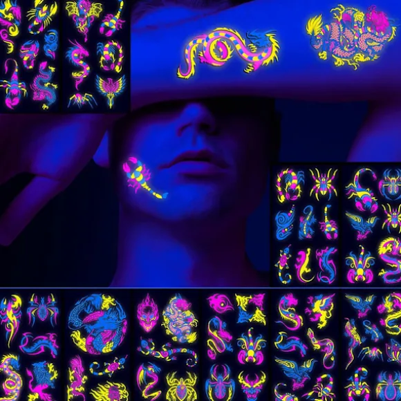 Neon Midlertidige Tatoveringer 10 Ark Drage Skorpion Glitter Tatoveringsklistermærker