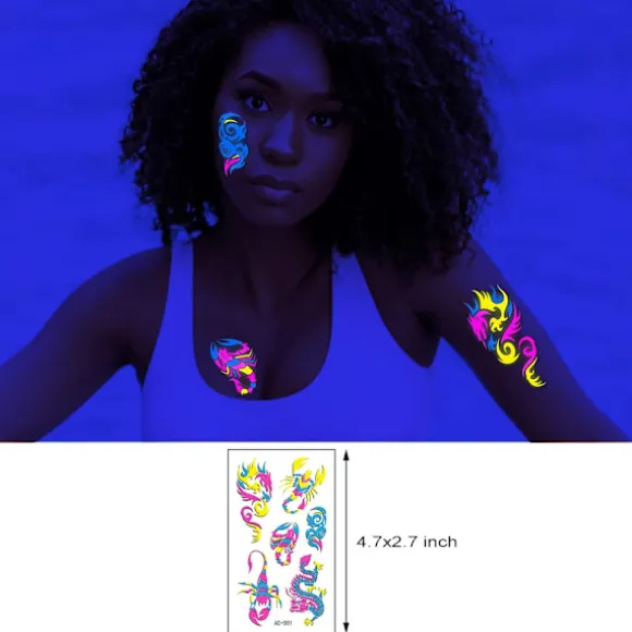 Neon Midlertidige Tatoveringer 10 Ark Drage Skorpion Glitter Tatoveringsklistermærker