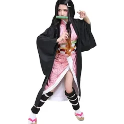 Nezuko Cosplay Kostume Anime Cosplay Outfit Sæt Halloween Kjole til Voksne Børn (170CM)