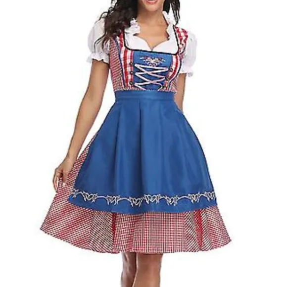 Nyt damebeklædning Tysk Oktoberfest Kostume Traditionel Bayersk Øl Fraulein Karneval Pige Kjole Outfit (L Grå Blå)-FF-