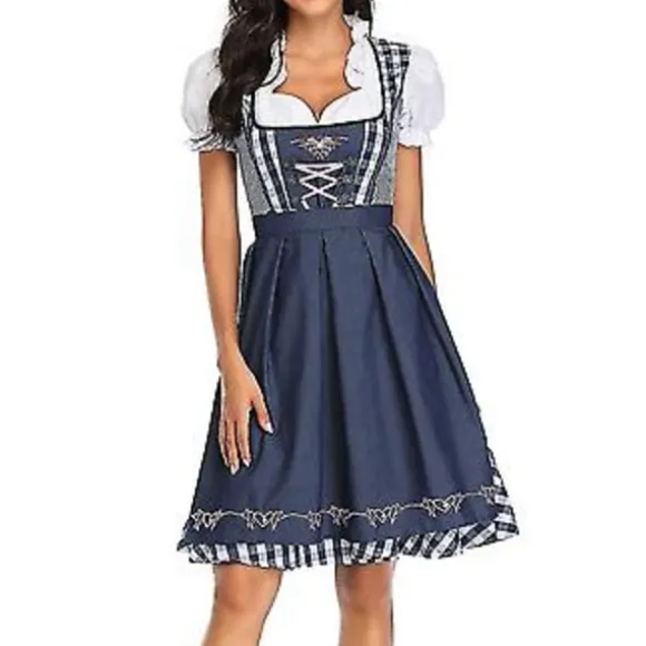 Nyt damebeklædning Tysk Oktoberfest Kostume Traditionel Bayersk Øl Fraulein Karneval Pige Kjole Outfit (L Grå Blå)-FF-
