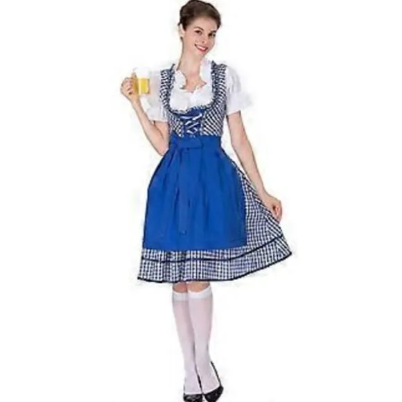 Oktoberfest Dame Outfit Dirndl Damekjole Bryllupsgæst Dirndl Bluse Kostume Sexet Inklusive Kjole, Bluse, Forklæde (S Blå)