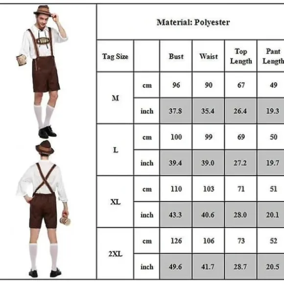 Oktoberfest-festdragt til mænd, tysk bayersk ølknegt, læderbukser, traditionel kostume, M