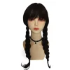 Onsdag Addams Family Wig Cosplay Long Black Braids Hair Prop Z