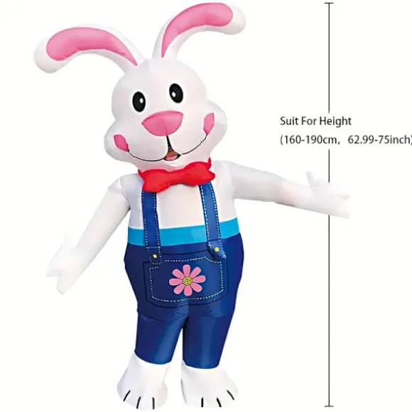 Oppusteligt påskeharekostume - Hvid med lyserøde ører, rød butterfly, blå bukser og blomstret lomme, perfekt til fester, fødselsdage og festivaler, Wal | Fyndiq