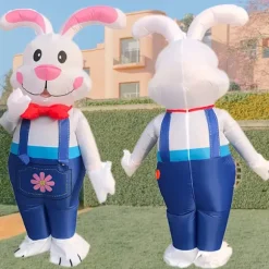 Oppusteligt påskeharekostume - Hvid med lyserøde ører, rød butterfly, blå bukser og blomstret lomme, perfekt til fester, fødselsdage og festivaler, Wal | Fyndiq