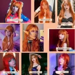 （orange farve）Farverig panda lang lige Cosplay paryk med pandehår naturlig syntetisk hårparyk til kvinder