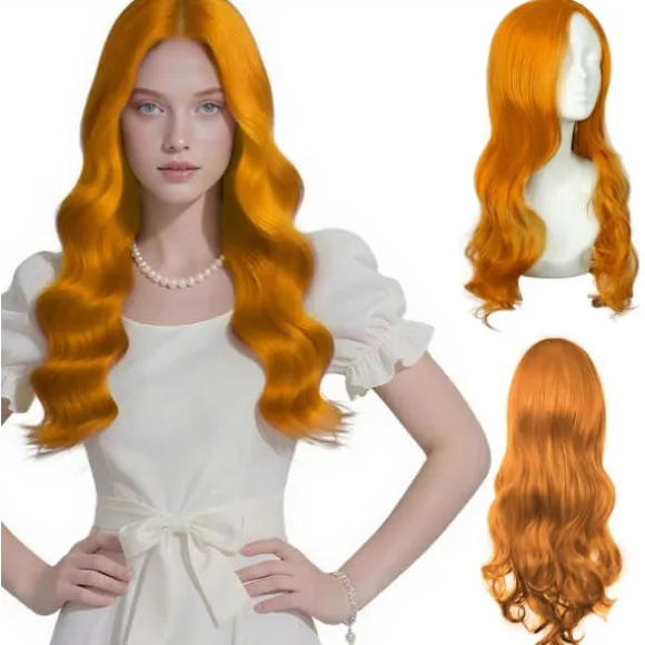 Orange Paryk til Kvinder, 2 stk. Paryk med Pandehår, Krøllet Paryk Lang Naturlig Varmebestandig til Kvinder Festkostume Cosplay