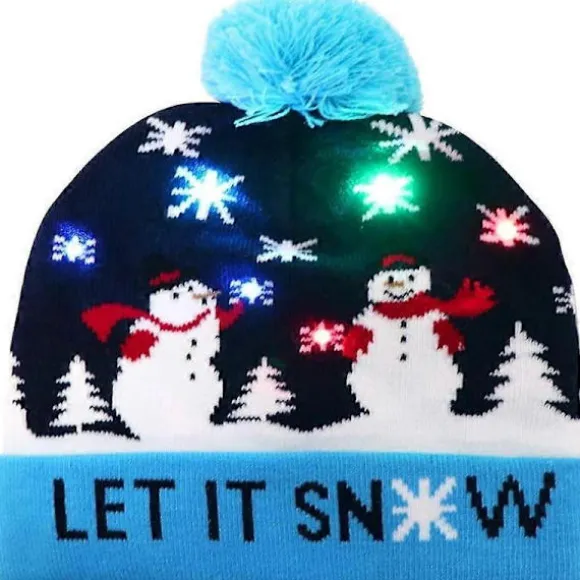 OurWarm Lysende Julehue, LED Julehue Unisex Strikket Hue Feriehue til Julefest Blue
