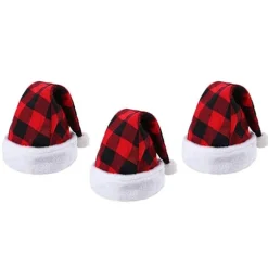 3-pak Julemandshattern Plaid Julemandshat Plys Hat til Julekostumefest og Feriebegivenhed black red grid