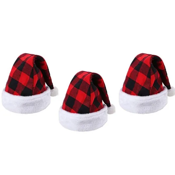 3-pak Julemandshattern Plaid Julemandshat Plys Hat til Julekostumefest og Feriebegivenhed black red grid