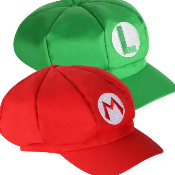 2-pak Mario og Luigi hatte Røde og grønne caps med videospiltema