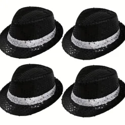 4-pak pailletkasket Unisex Western Dance Jazz Hat Glitrende Disco Hat til Halloween-fest 4Pcs