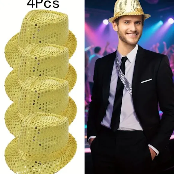 4-pak pailletkasket Unisex Western Dance Jazz Hat Glitrende Disco Hat til Halloween-fest 4Pcs