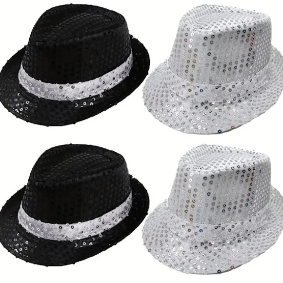 4-pak pailletkasket Unisex Western Dance Jazz Hat Glitrende Disco Hat til Halloween-fest 4Pcs