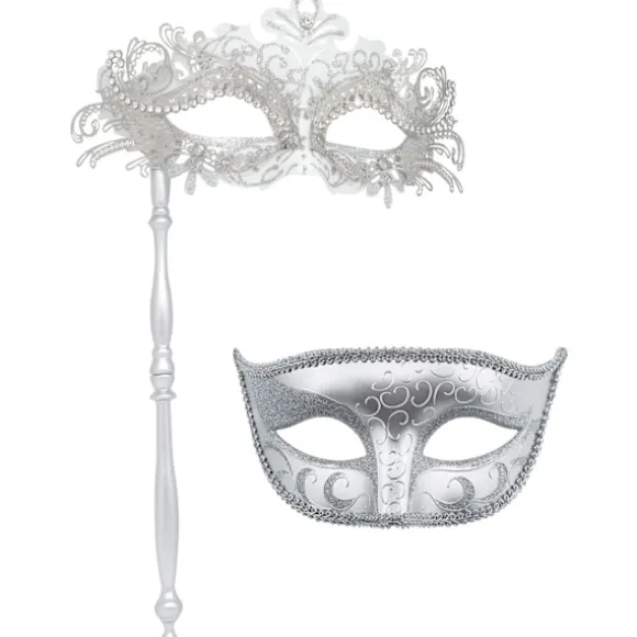 Par Maskerade Masker med Holdestang - Venetiansk Halloween Kostume