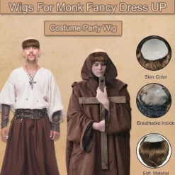 Paryk Kort Glat Hår, Munk Udklædning Skålklip Sjov Kostumeparyk Skaldet Hætte med Brun Munkeklipning, Herre Fest Halloween Gammel Mand Cosplay